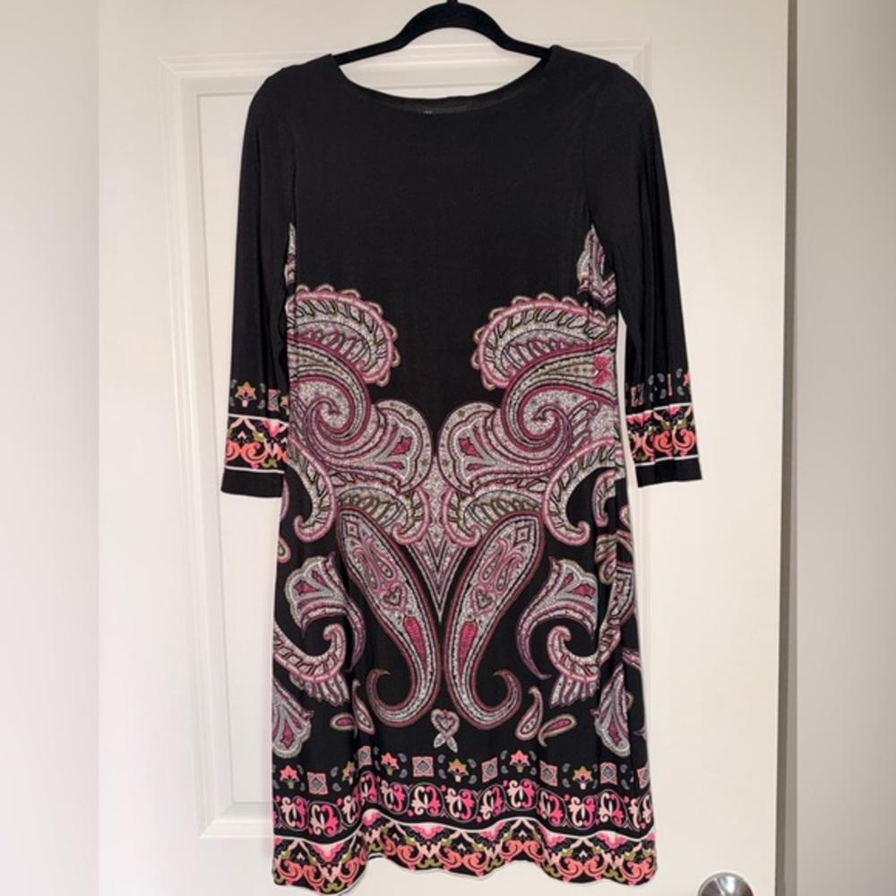 INC International Concepts Black Long Sleeve Paisley Border Print Dress